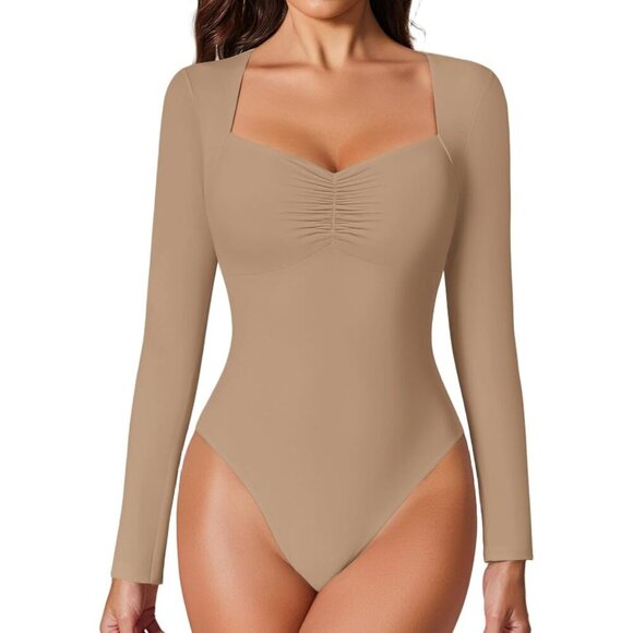 Tops - Women's Neckline Sexy Dark Beige Bodysuit Sweetheart Long Sleeve Double Tops